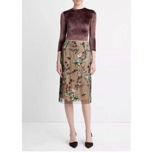 NEW VINCE Begonia Sequined Overlay Dewberry Brown Floral Pencil Midi Size 8